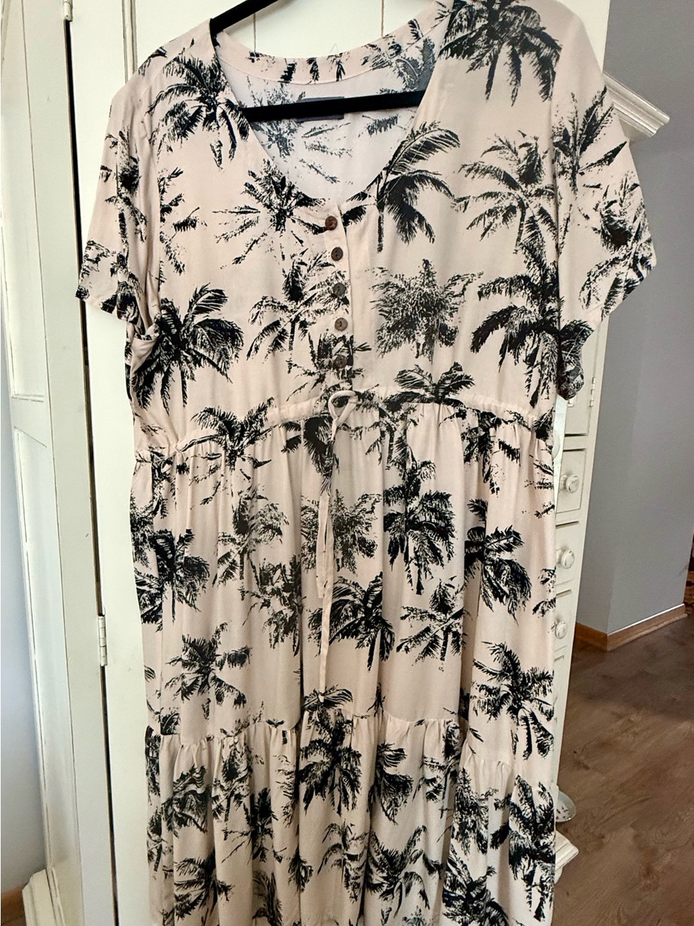 Cream Palm-Print Tiered Maxi Dress with Button Front